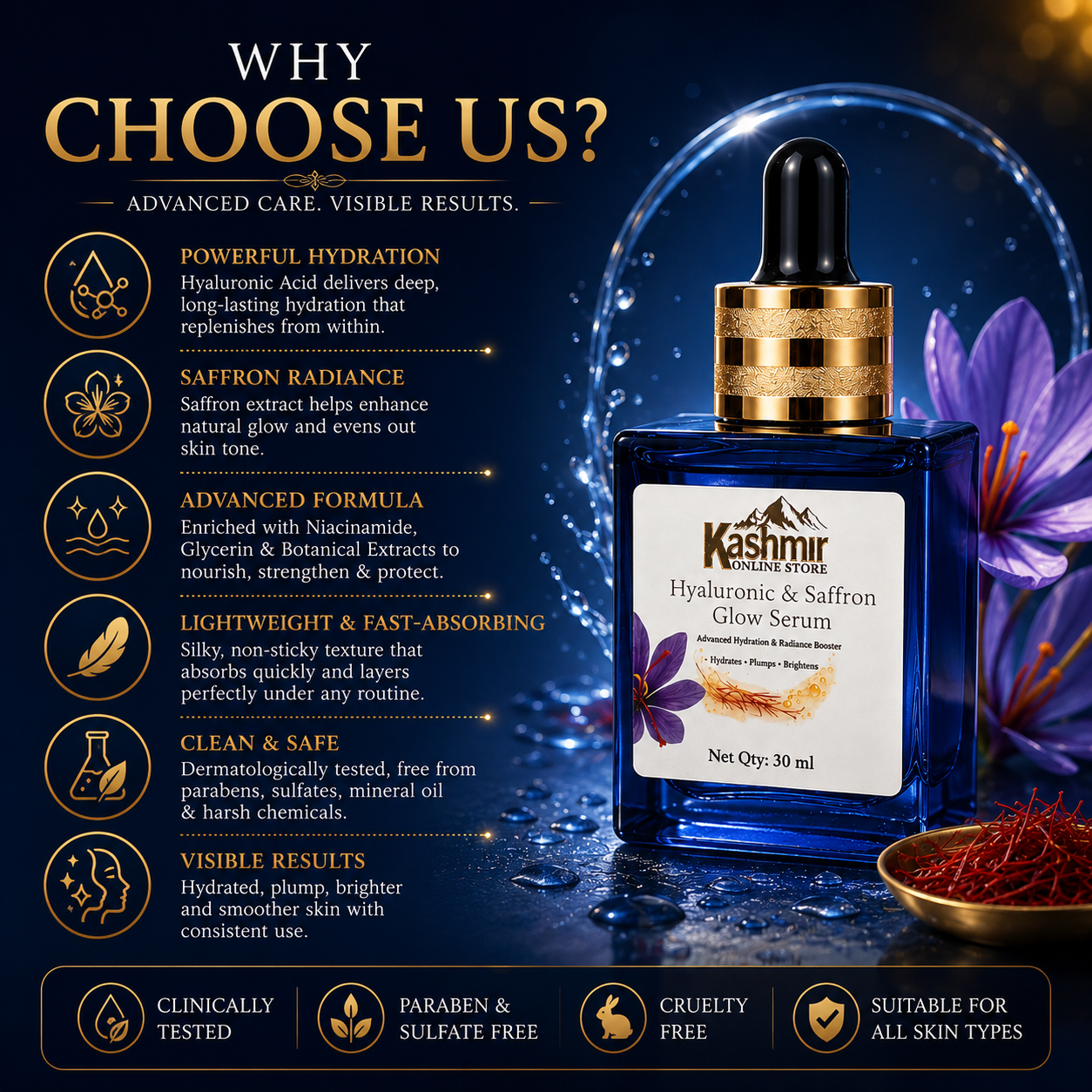 Hyaluronic & Saffron Glow Serum 30ml | Hydrating Face Serum