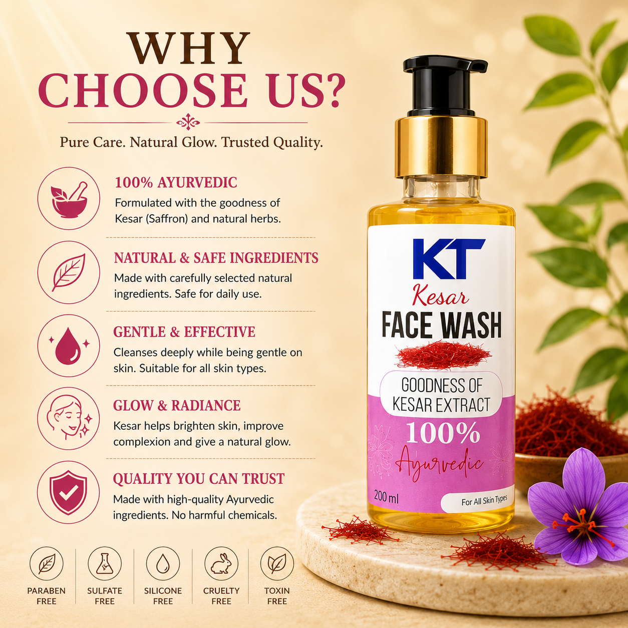KT Kesar Ayurveda Facewash | Saffron Glow Cleanser | 200ml