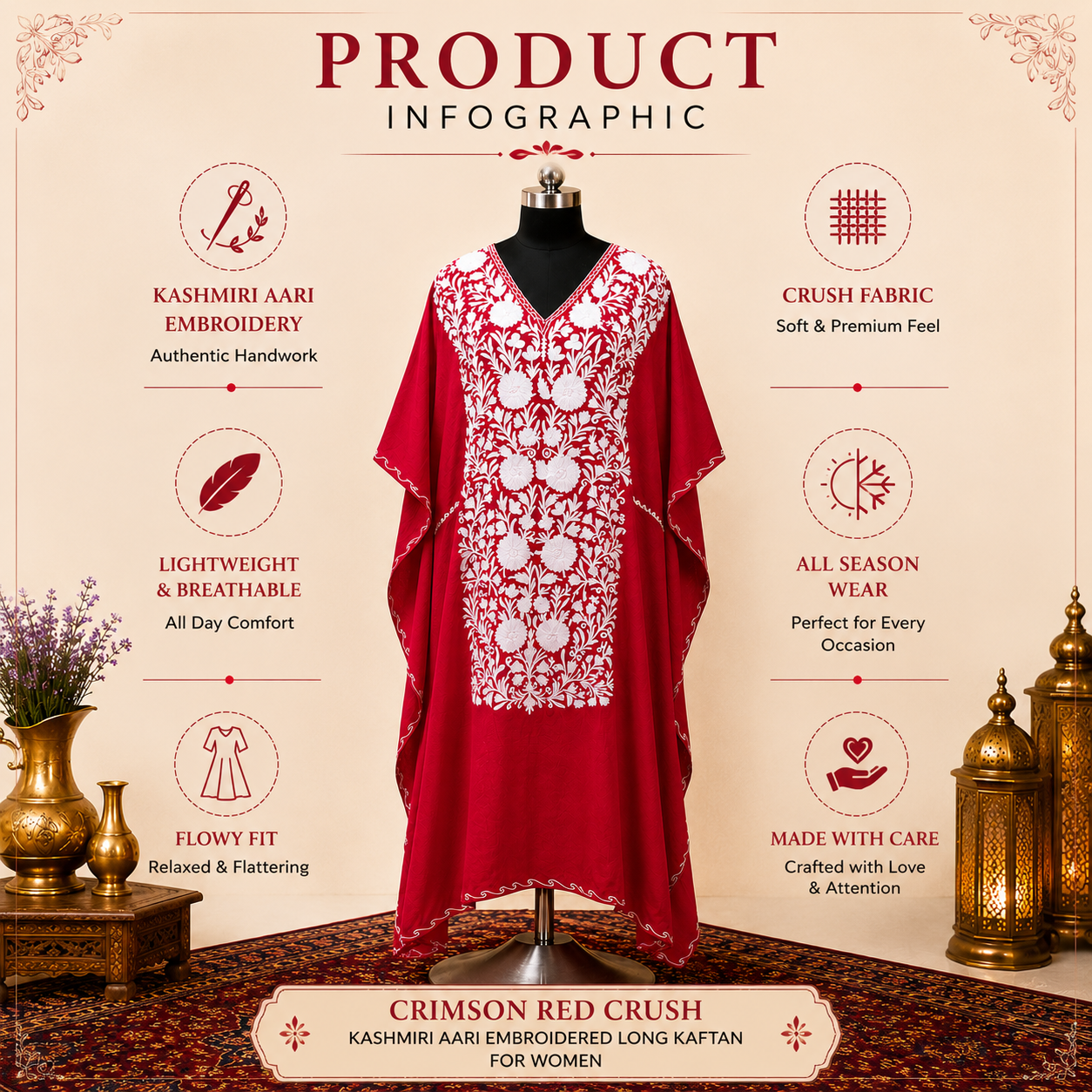 Crimson Red Crush Kashmiri Long Kaftan for Women | Machine Embroidered