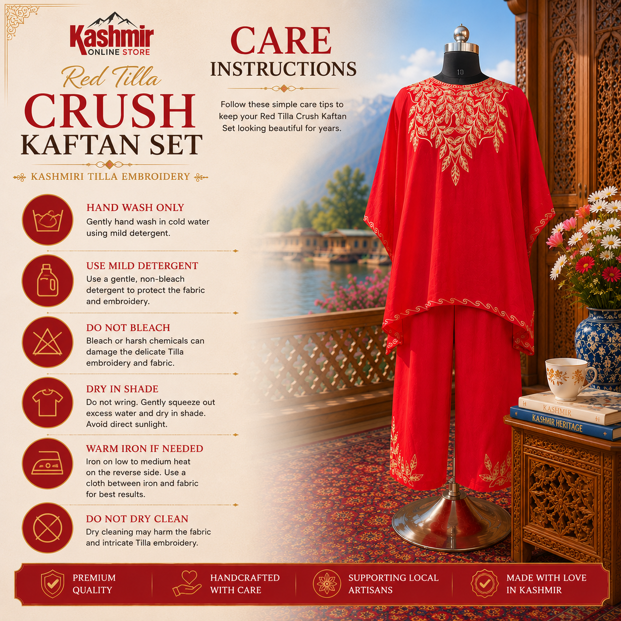 Red Tilla Crush Kashmiri Kaftan Set for Women | Machine Embroidered with Matching Bottom
