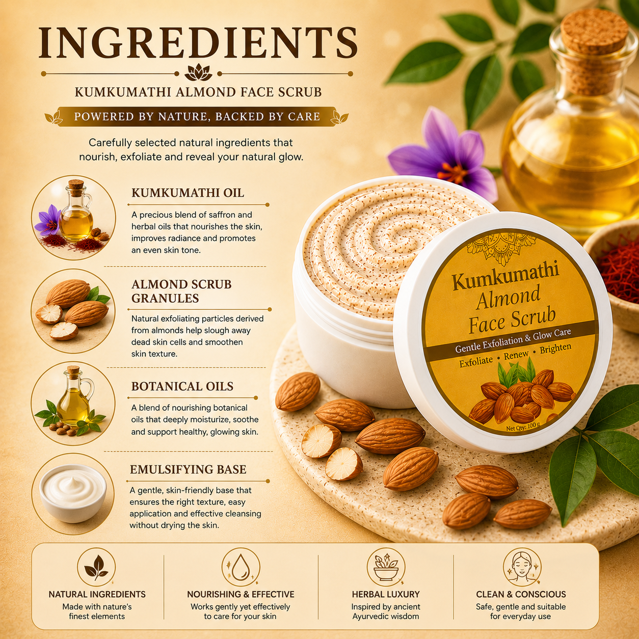 Kumkumadi Almond Face Scrub | Gentle Glow Exfoliator | 200g