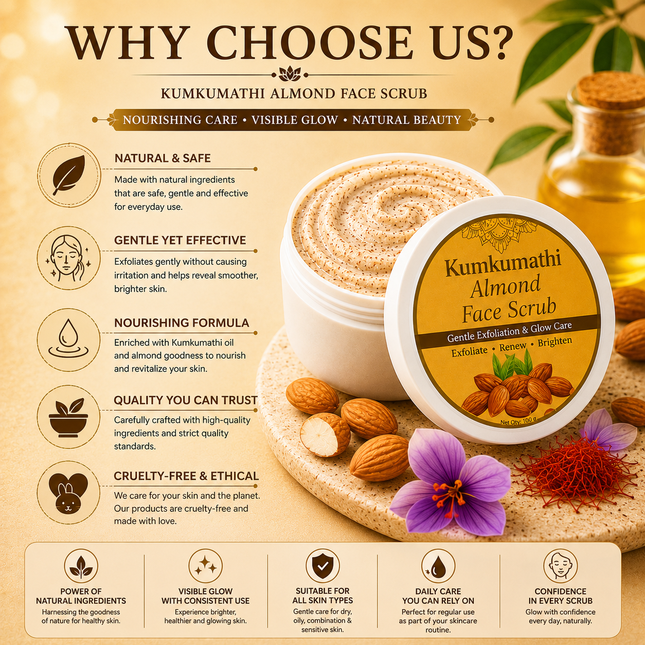 Kumkumadi Almond Face Scrub | Gentle Glow Exfoliator | 200g
