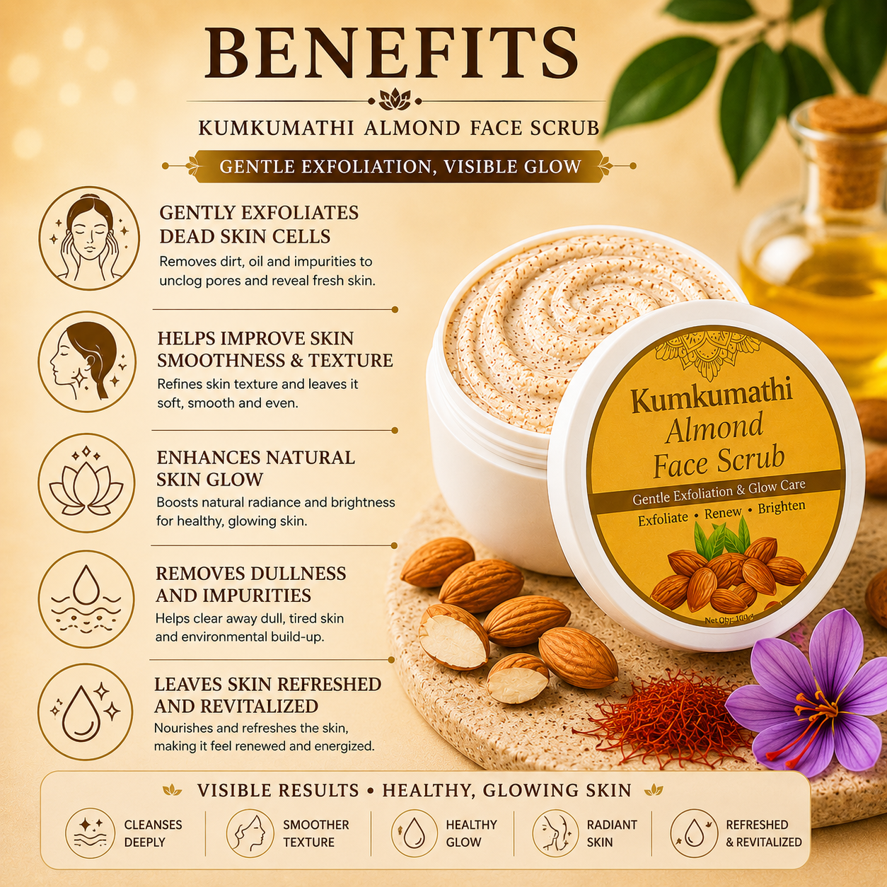 Kumkumadi Almond Face Scrub | Gentle Glow Exfoliator | 200g