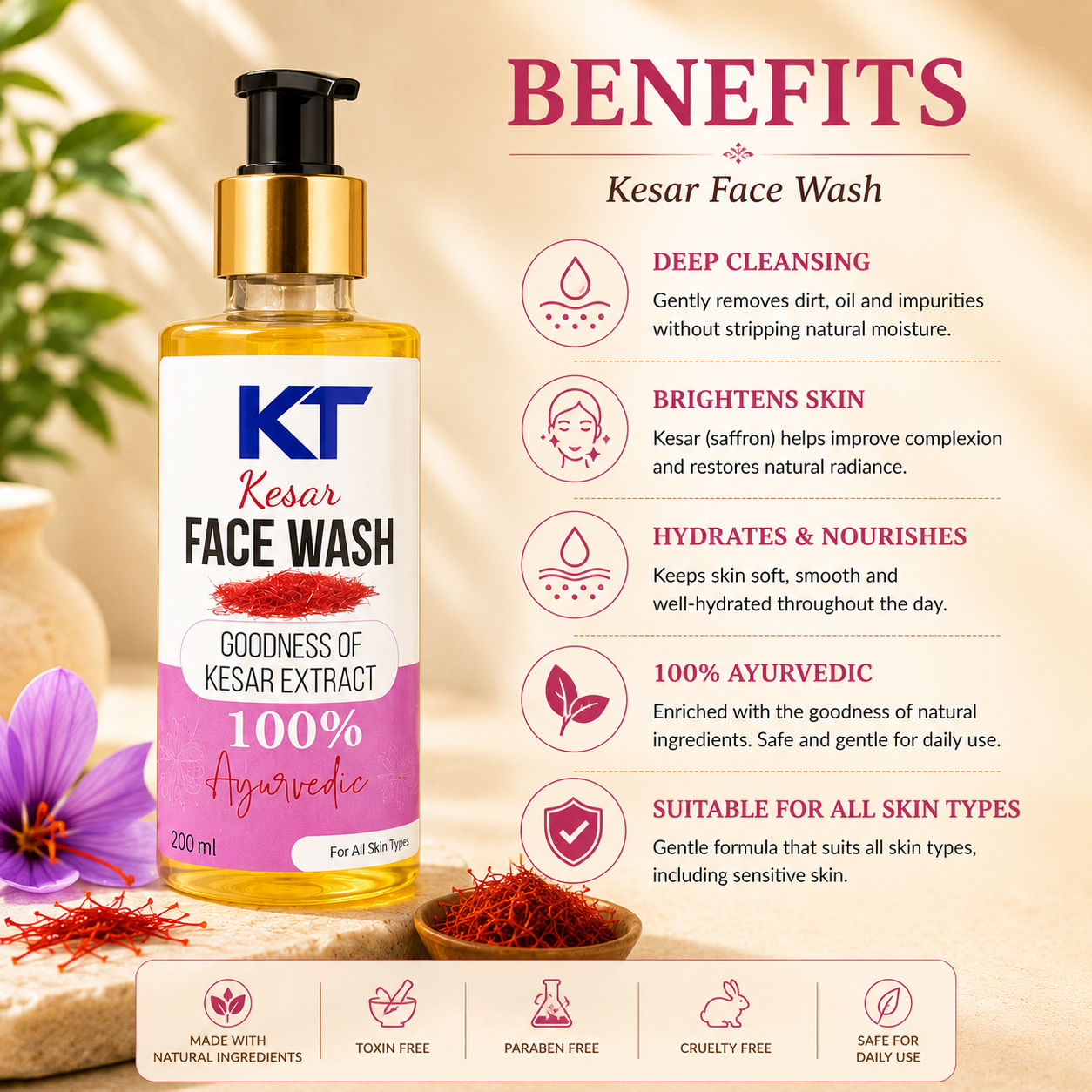 KT Kesar Ayurveda Facewash | Saffron Glow Cleanser | 200ml