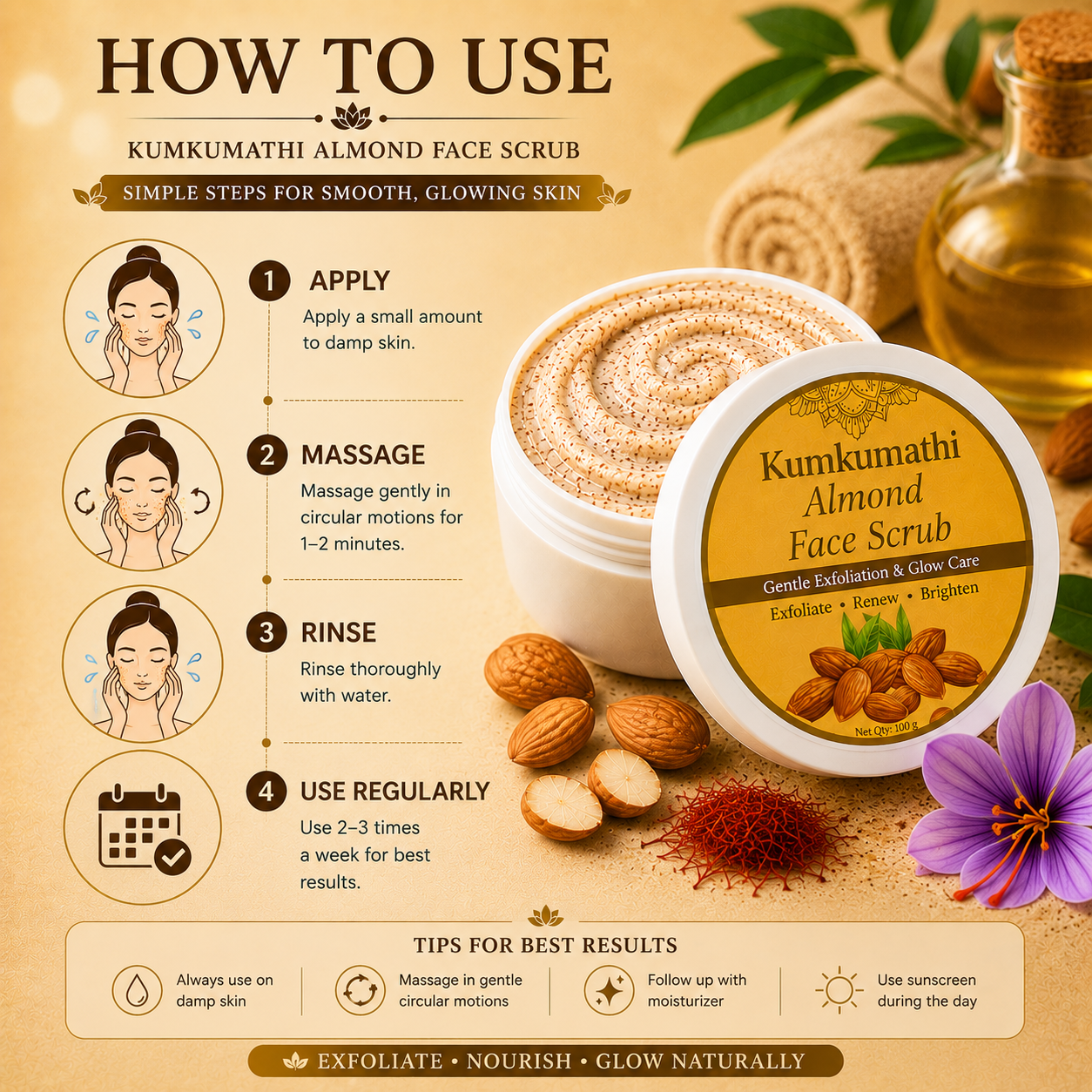 Kumkumadi Almond Face Scrub | Gentle Glow Exfoliator | 200g