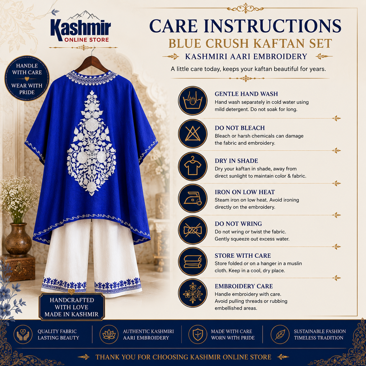 Blue Crush Kashmiri Kaftan Set for Women | Machine Embroidered with Matching Bottom