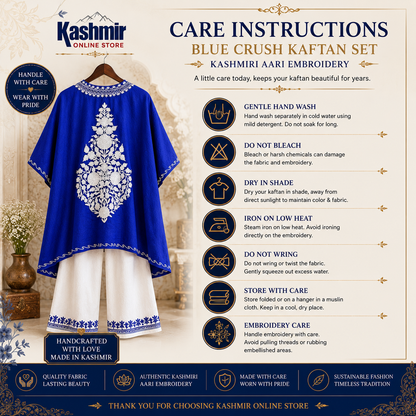 Blue Crush Kashmiri Kaftan Set for Women | Machine Embroidered with Matching Bottom