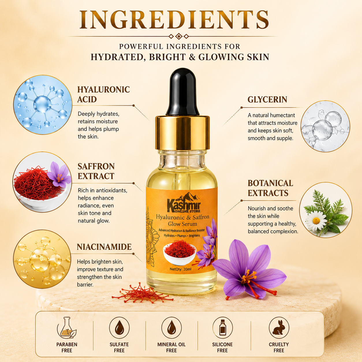 Hyaluronic & Saffron Serum 20ml – Deep Hydration, Brightening & Glow Face Serum