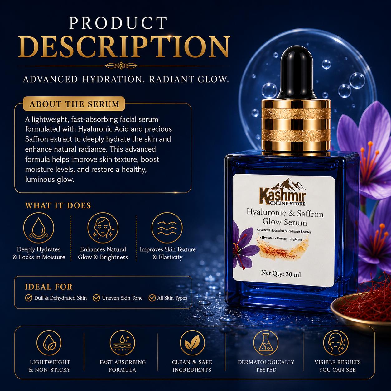Hyaluronic & Saffron Glow Serum 30ml | Hydrating Face Serum