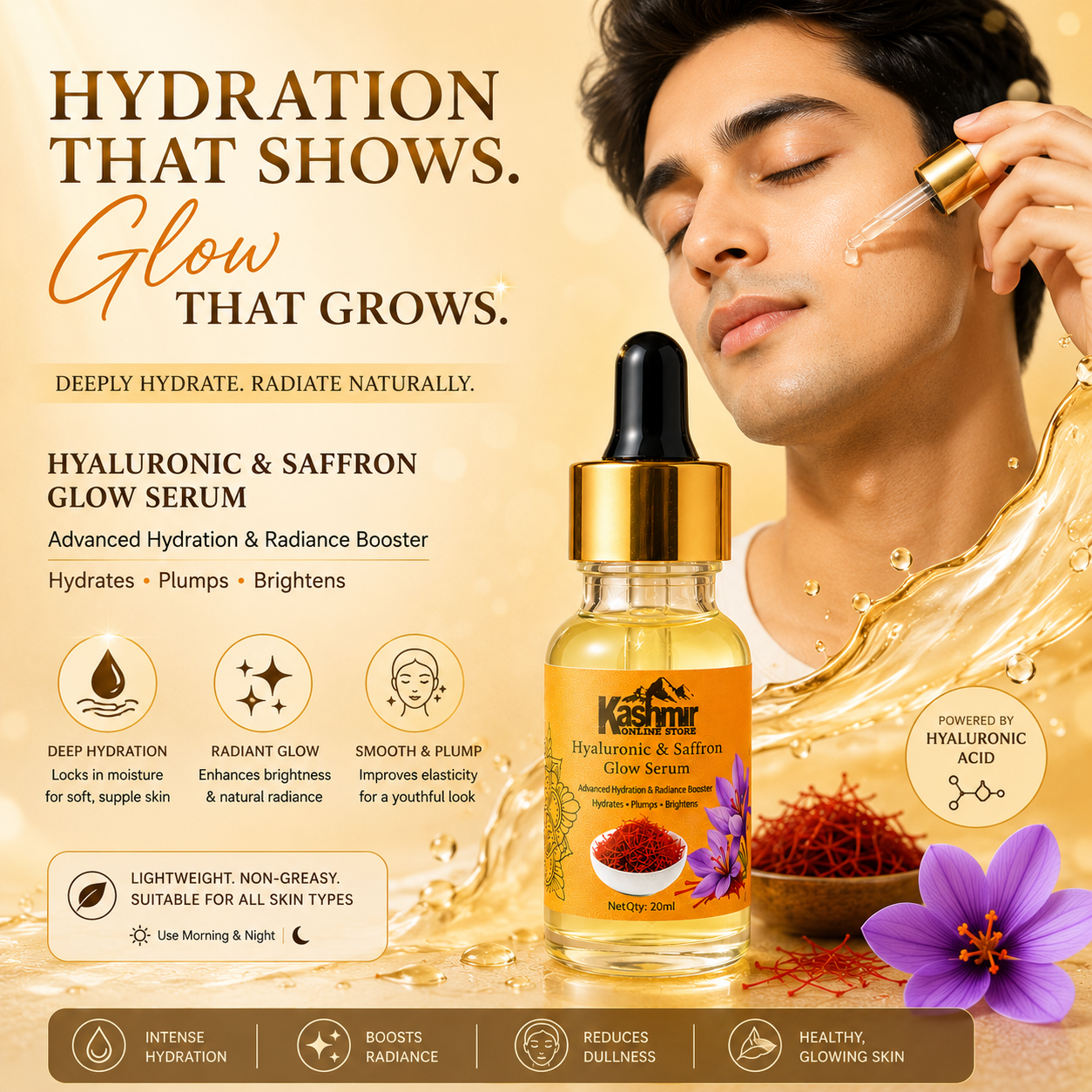 Hyaluronic & Saffron Serum 20ml – Deep Hydration, Brightening & Glow Face Serum
