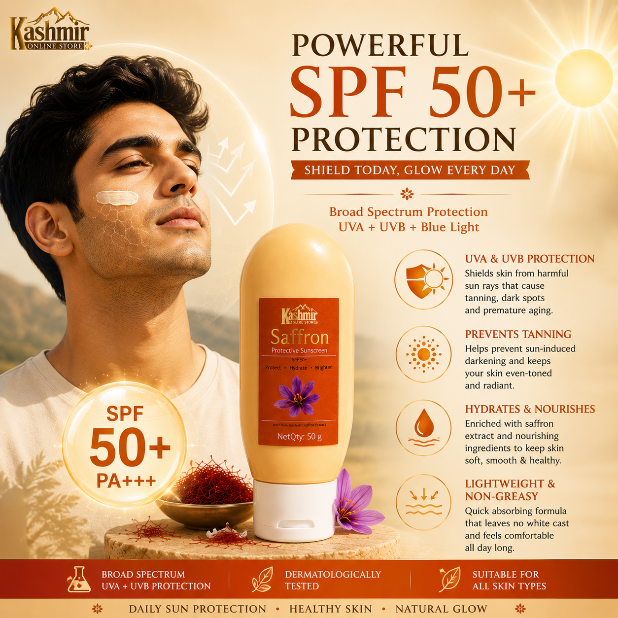 Natural Saffron Sunscreen Protective Ruh E Kashmir Online Store · Sun Care ( SPF50 )
