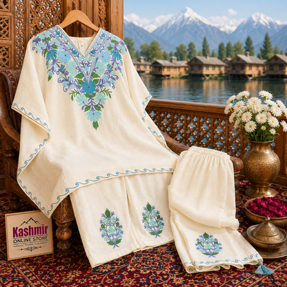 Ivory Crush Kashmiri Kaftan Set for Women | Machine Embroidered with Matching Bottom
