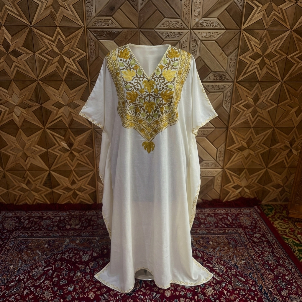 Ivory Gold Kashmiri Long Kaftan for Women | Machine Embroidered Summer Cool