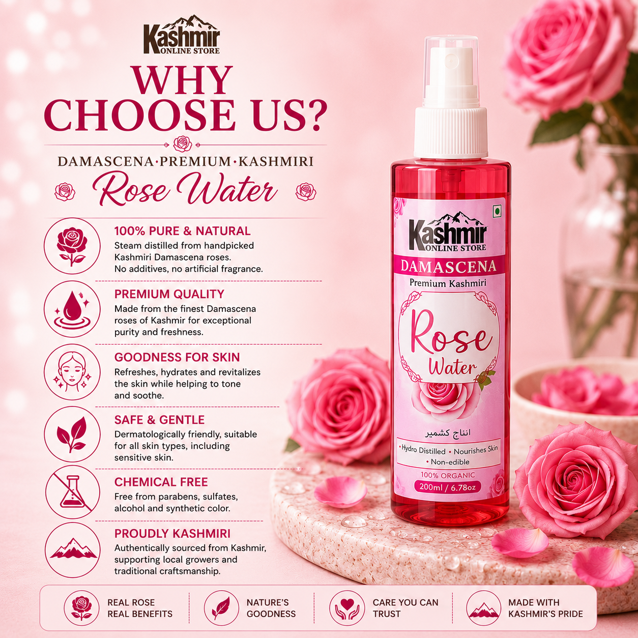 Damascena Premium Kashmiri Rose Water | Facial Toner &amp; Mist