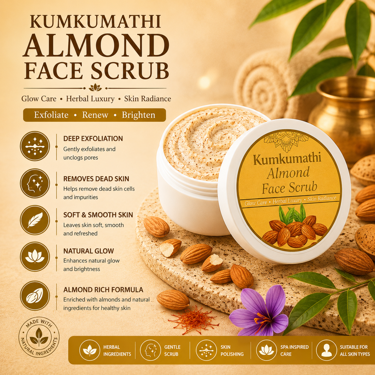 Kumkumadi Almond Face Scrub | Gentle Glow Exfoliator | 200g