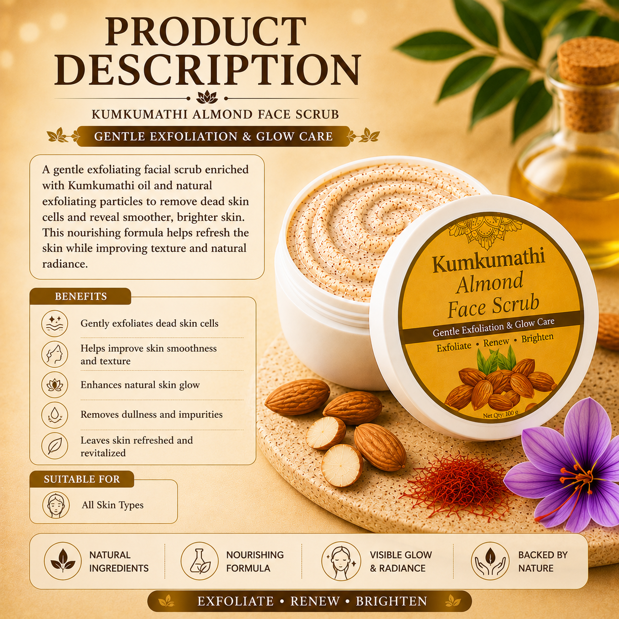 Kumkumadi Almond Face Scrub | Gentle Glow Exfoliator | 200g