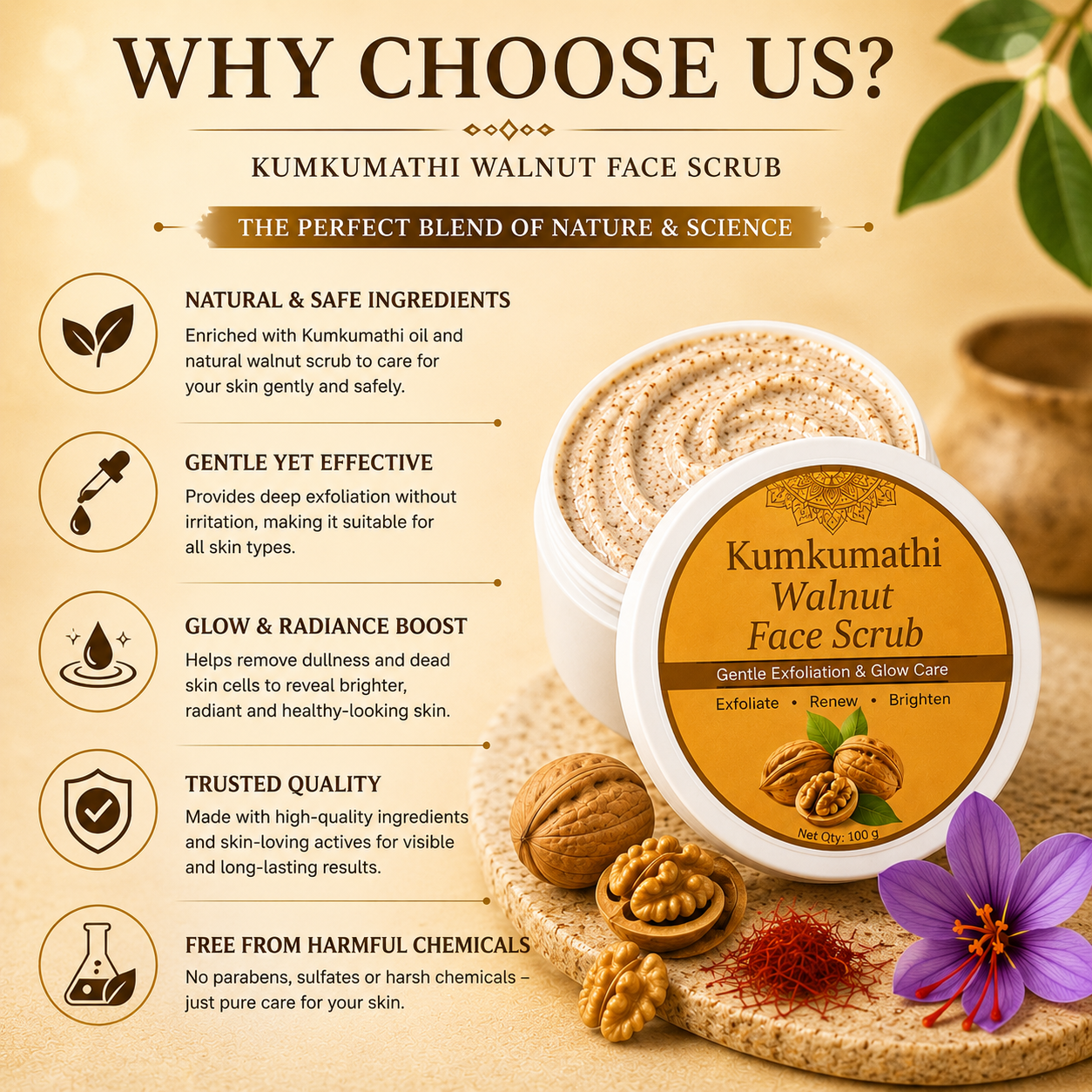 Kumkumadi Walnut Face Scrub | Gentle Exfoliator | 200g