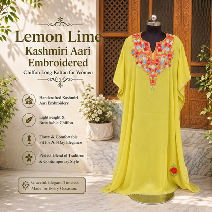 Lemon Lime Kashmiri Chiffon Long Kaftan for Women | Machine Embroidered