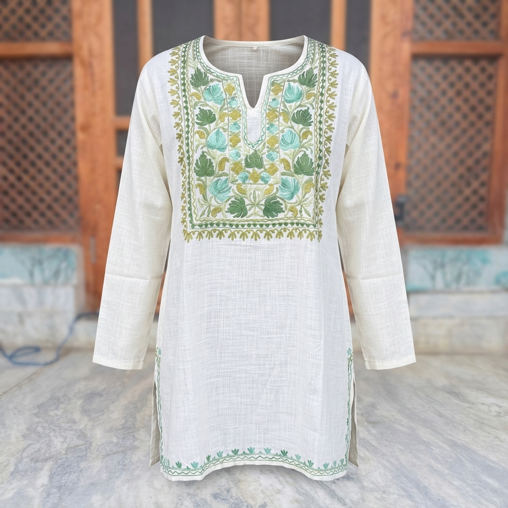 Off-White Kashmiri Short Kurti for Women — Machine Embroidered Designer Kurti