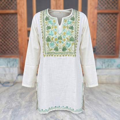 Off-White Kashmiri Short Kurti for Women — Machine Embroidered Designer Kurti