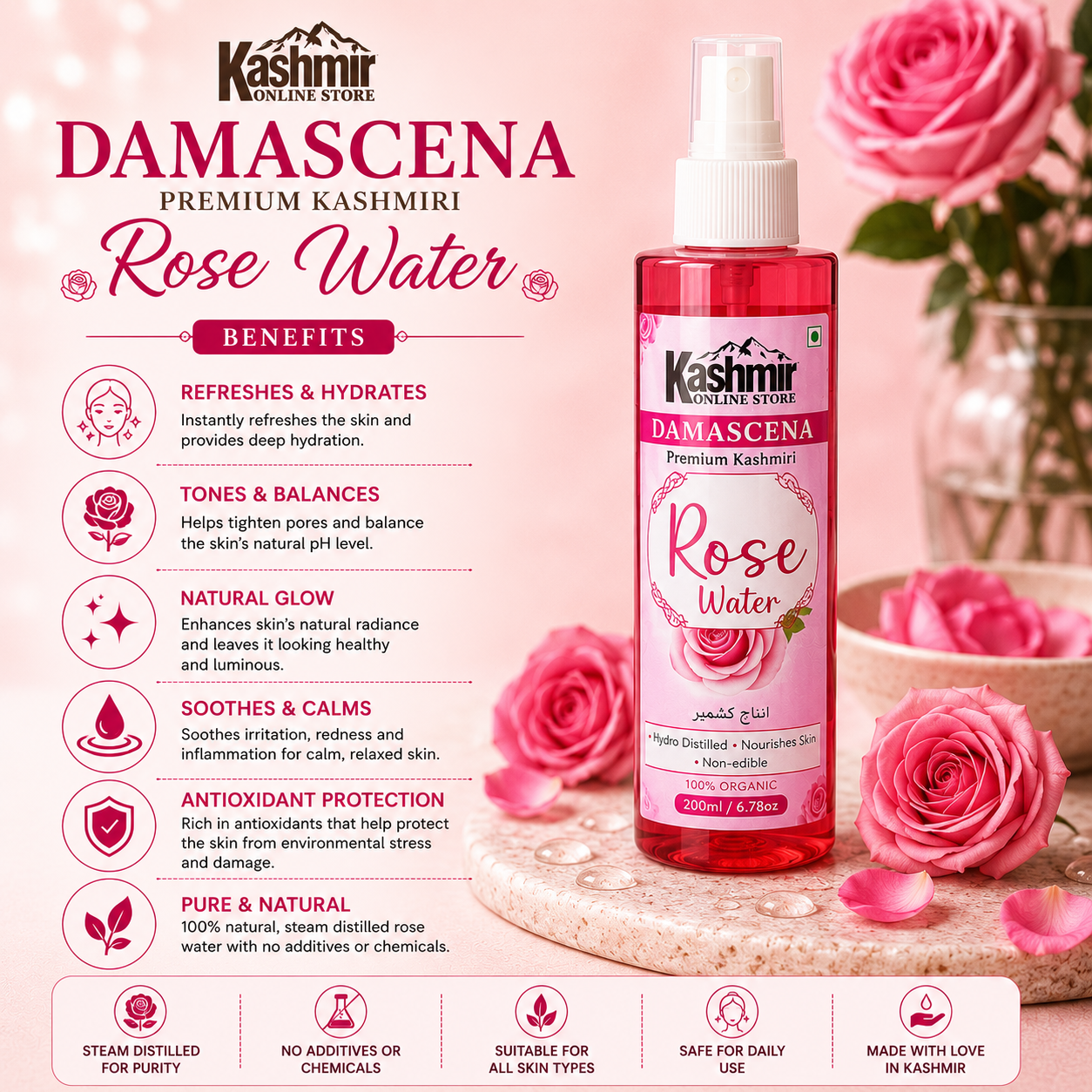 Damascena Premium Kashmiri Rose Water | Facial Toner &amp; Mist