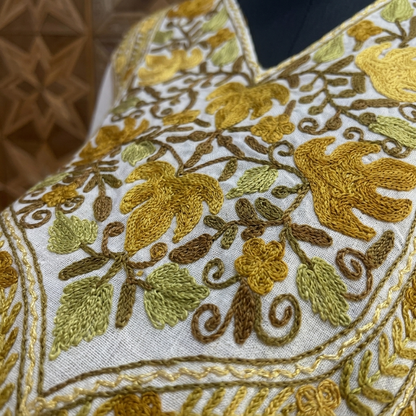 Ivory Gold Kashmiri Long Kaftan for Women | Machine Embroidered Summer Cool