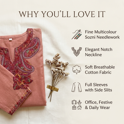 Rose Peach Kashmiri Needlework Long Kurti – Multicolor Paisley Sozni | Cotton