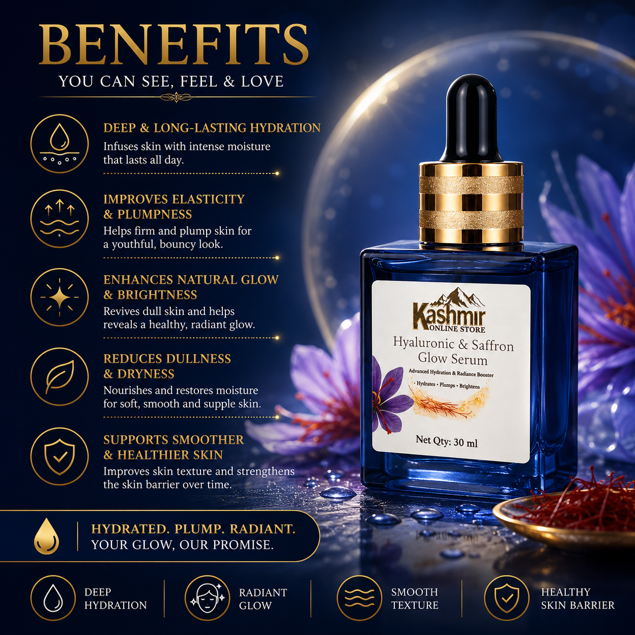 Hyaluronic & Saffron Glow Serum 30ml | Hydrating Face Serum