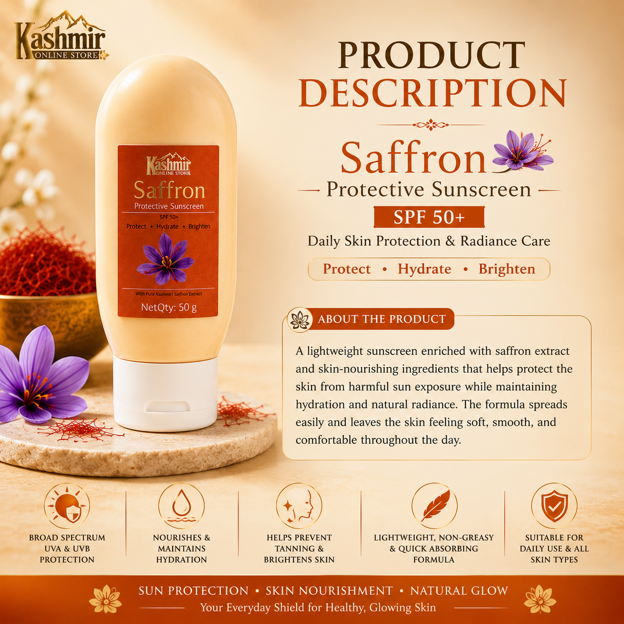 Natural Saffron Sunscreen Protective Ruh E Kashmir Online Store · Sun Care ( SPF50 )