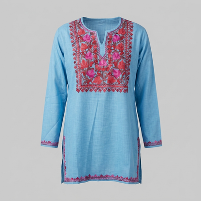 Sky Blue Kashmiri Short Kurti for Women — Machine Embroidered Designer Kurti