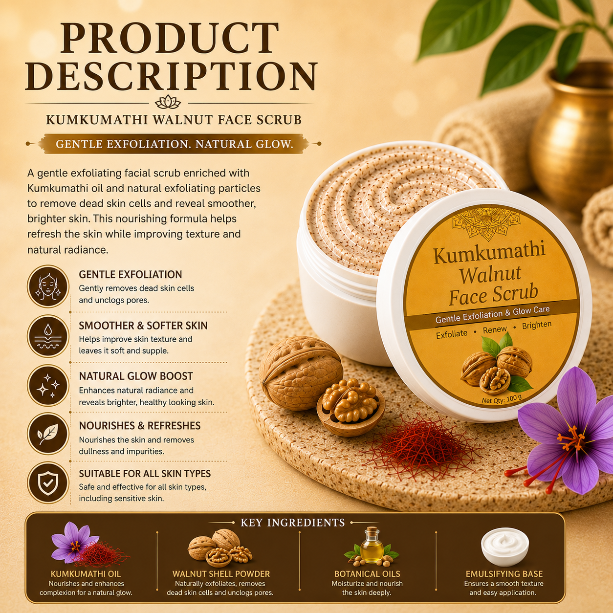 Kumkumadi Walnut Face Scrub | Gentle Exfoliator | 200g