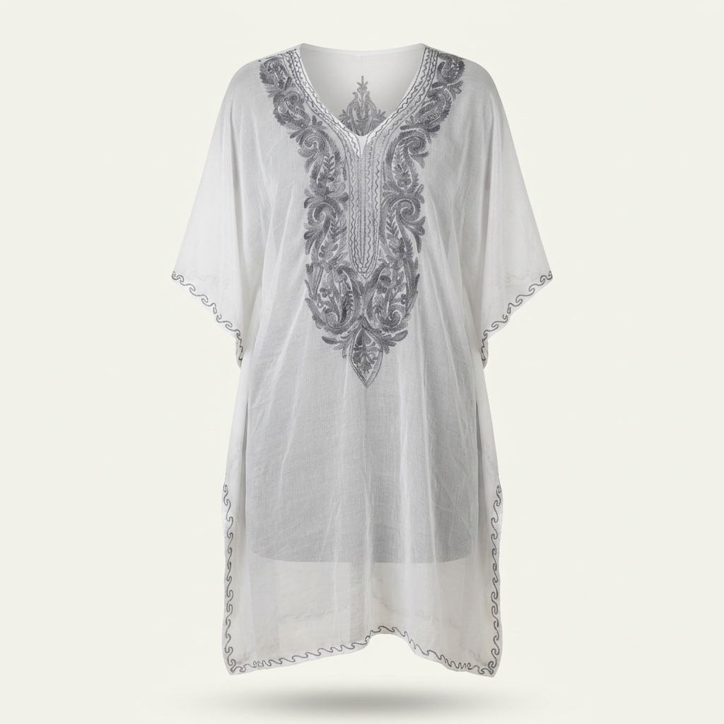 White Grey Kashmiri Chiffon Long Kaftan for Women | Machine Embroidered