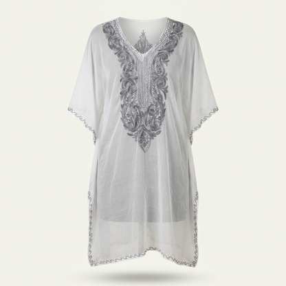 White Grey Kashmiri Chiffon Long Kaftan for Women | Machine Embroidered