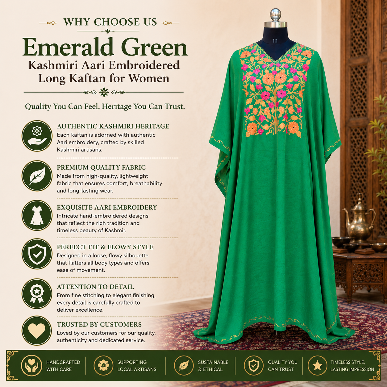 Emerald Green Kashmiri Long Kaftan for Women | Machine Embroidered Crush Kaftan