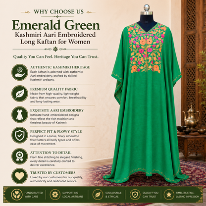 Emerald Green Kashmiri Long Kaftan for Women | Machine Embroidered Crush Kaftan