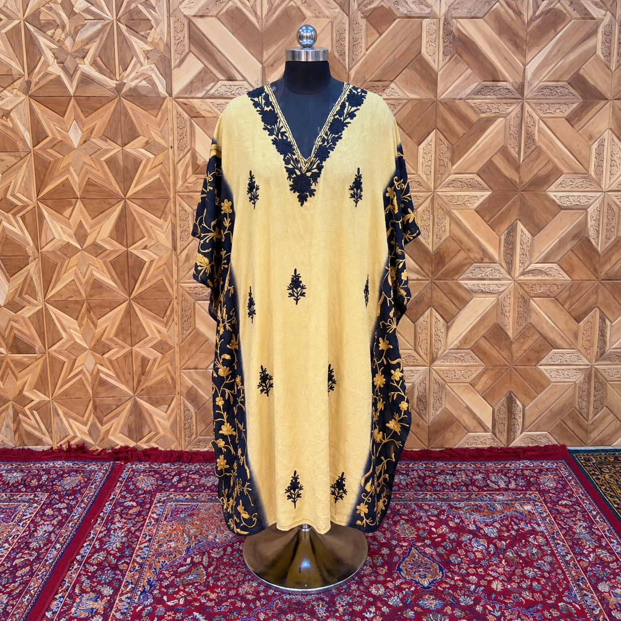 Butter Yellow Tie Dye Kashmiri Long Kaftan for Women | Machine Embroidered