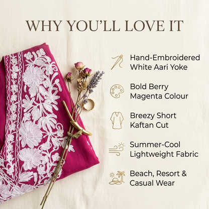 Berry Magenta Kashmiri Short Kaftan for Women | Machine Embroidered Summer Cool