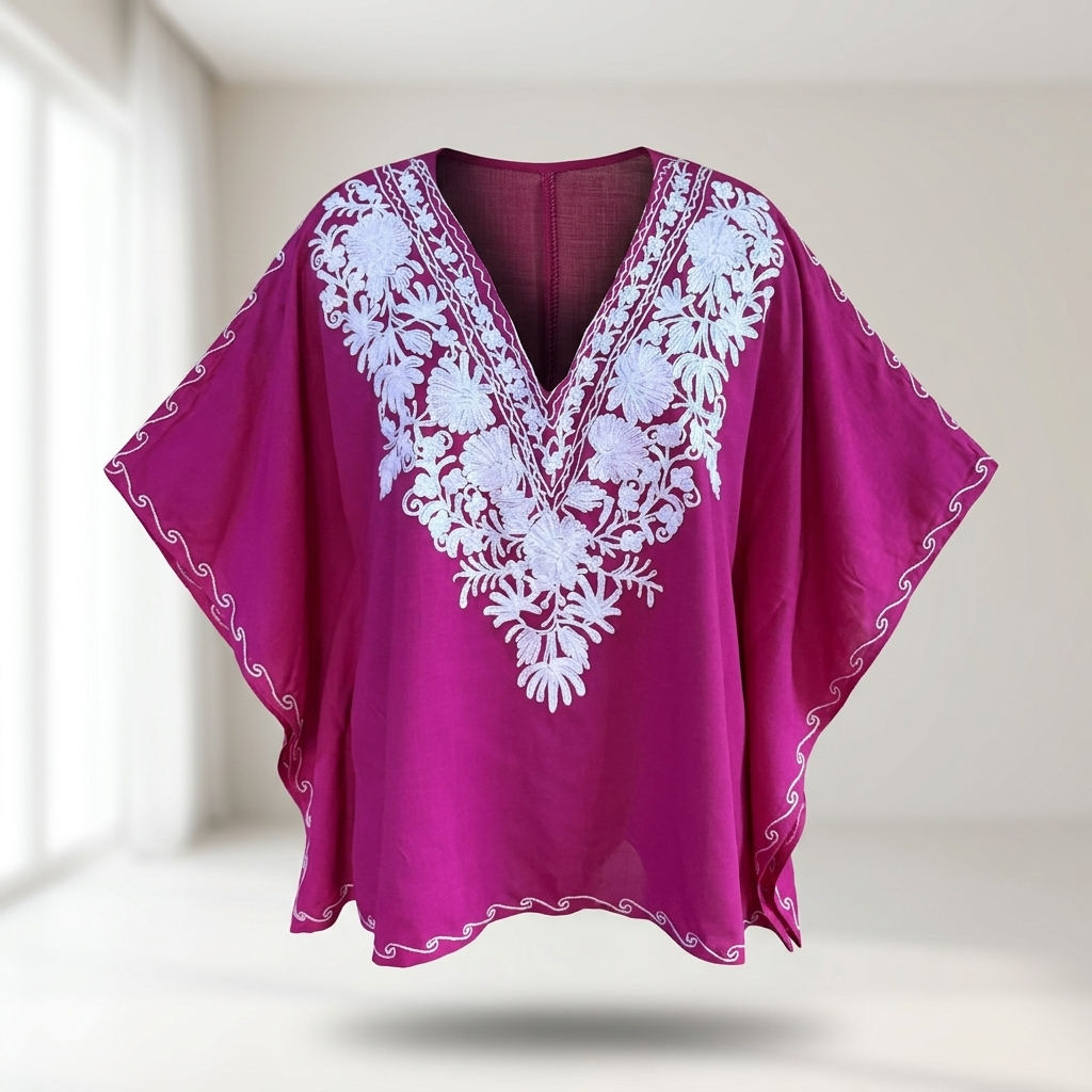 Berry Magenta Kashmiri Short Kaftan for Women | Machine Embroidered Summer Cool