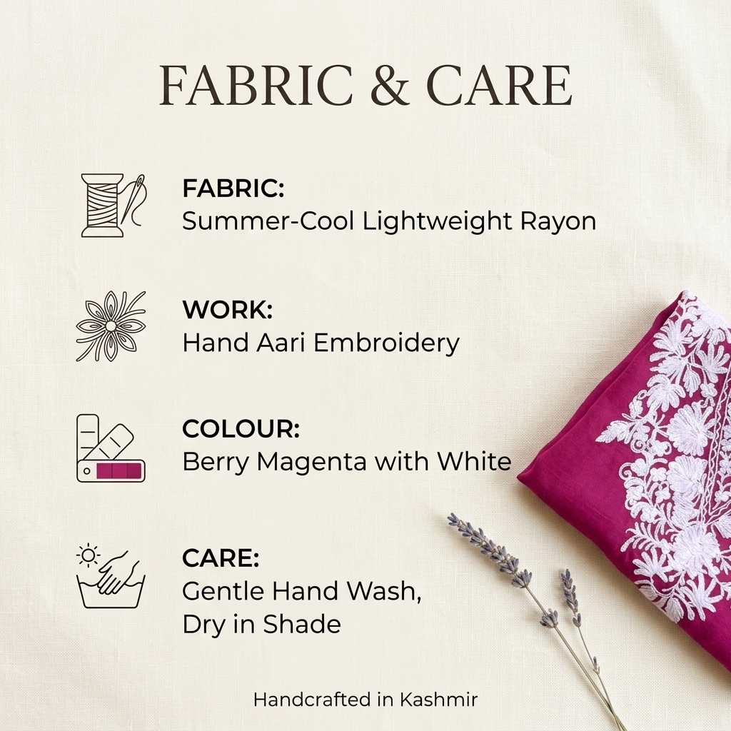 Berry Magenta Kashmiri Short Kaftan for Women | Machine Embroidered Summer Cool