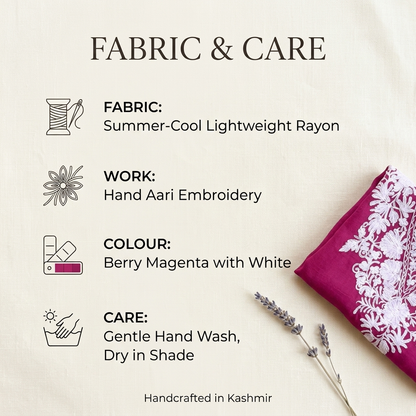 Berry Magenta Kashmiri Short Kaftan for Women | Machine Embroidered Summer Cool