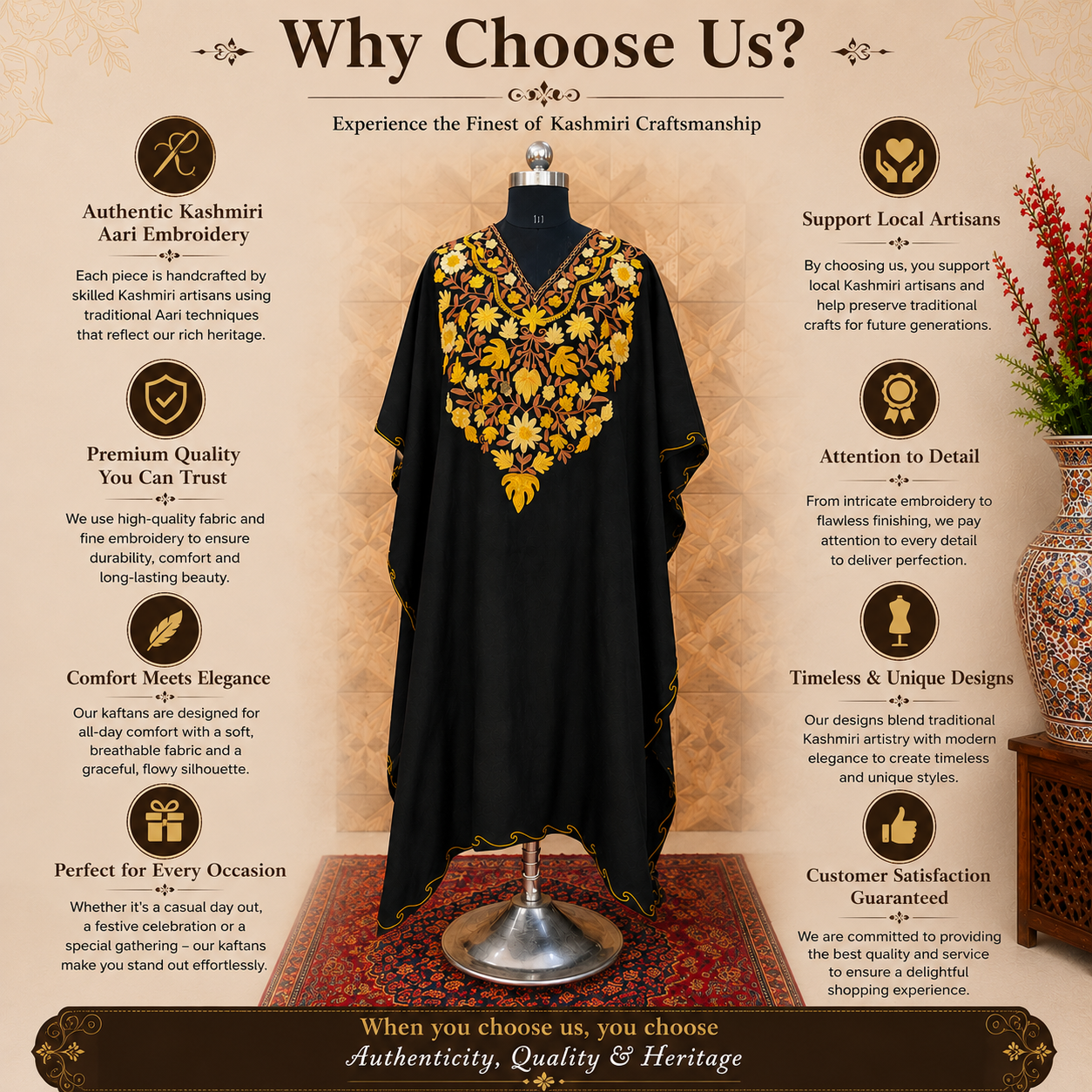 Midnight Black Kashmiri Long Kaftan for Women | Machine Embroidered Crush Kaftan