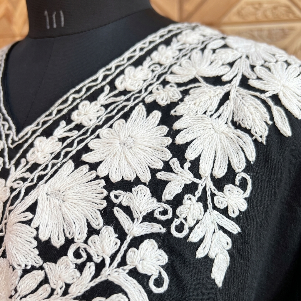 Black Kashmiri Long Kurti – White Floral Neckline | Summer Cotton