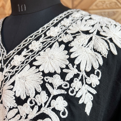 Black Kashmiri Long Kurti – White Floral Neckline | Summer Cotton