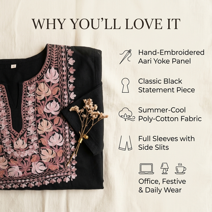Black Kashmiri Short Kurti for Women — Machine Embroidered Designer Kurti