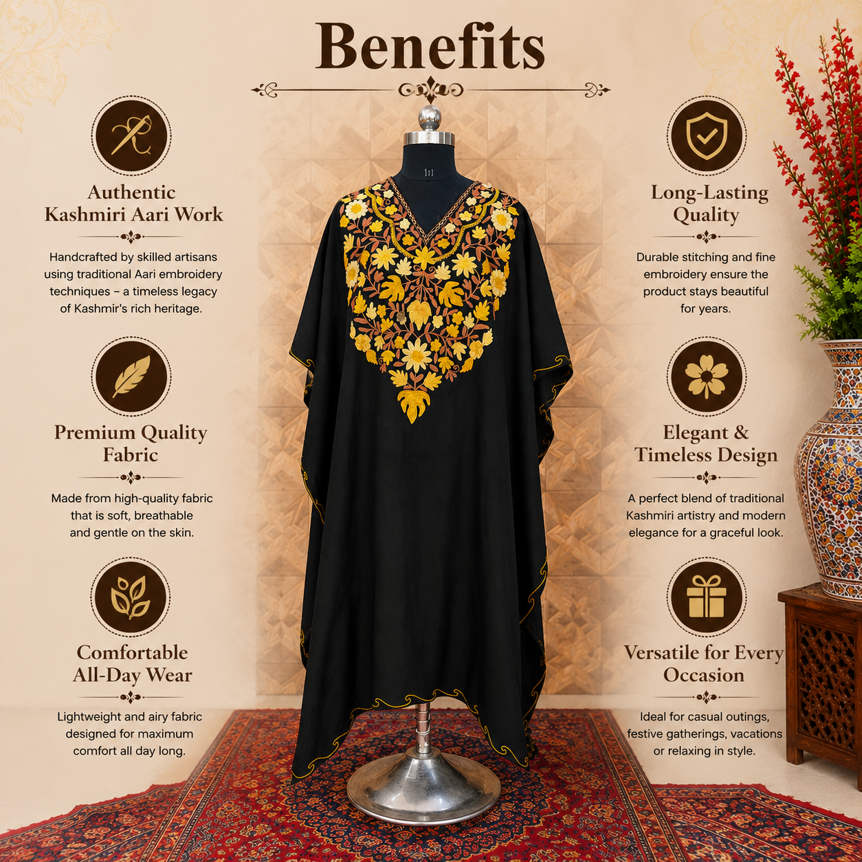 Midnight Black Kashmiri Long Kaftan for Women | Machine Embroidered Crush Kaftan