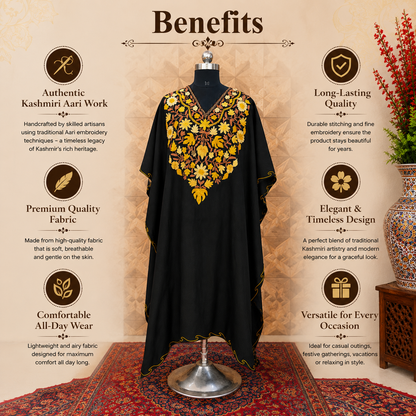 Midnight Black Kashmiri Long Kaftan for Women | Machine Embroidered Crush Kaftan