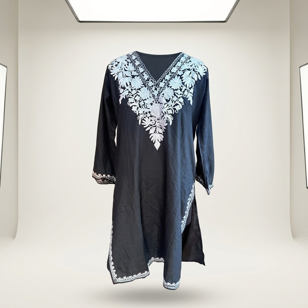 Black Kashmiri Long Kurti – White Floral Neckline | Summer Cotton