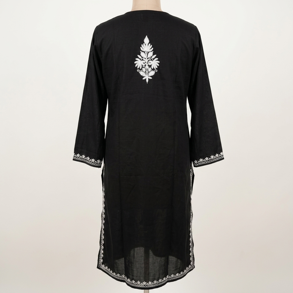 Black Kashmiri Long Kurti – White Floral Neckline | Summer Cotton