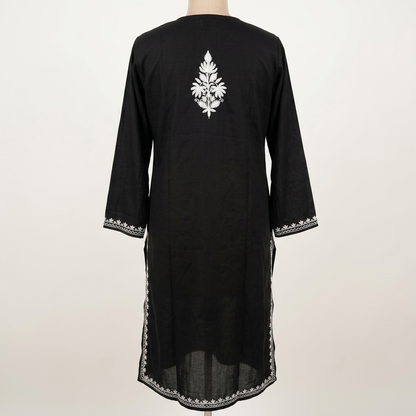 Black Kashmiri Long Kurti – White Floral Neckline | Summer Cotton