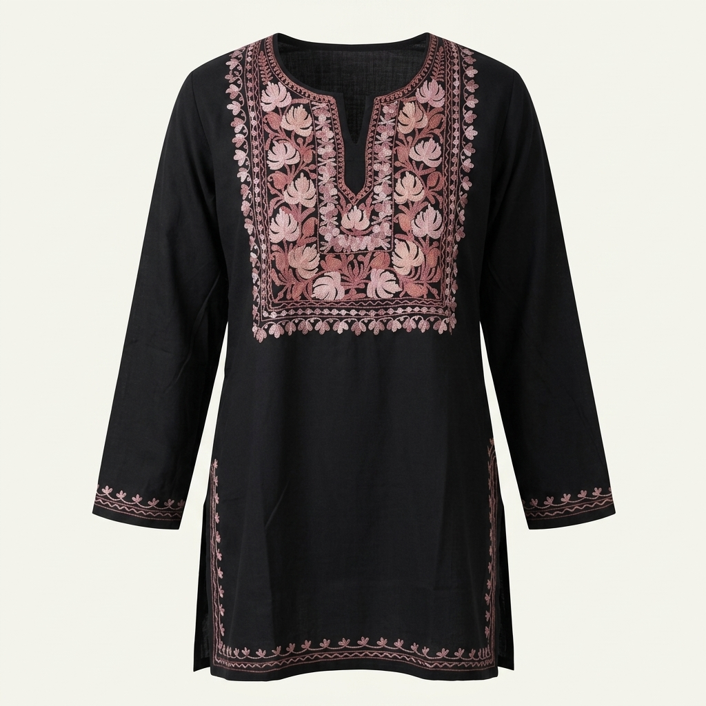 Black Kashmiri Short Kurti for Women — Machine Embroidered Designer Kurti